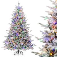 Costway - 7 FT Flocked Christmas Tree with 8 Lighting Modes 350 Multi-Color LED Lights - Green/White - Large Front