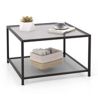 Costway Glass Coffee Table 27.5 Inch 2-Tier Square with Mesh Shelf Living Room Grey - Grey and Black - Large Front