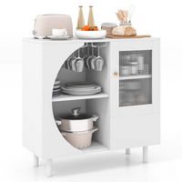 Costway Kitchen Sideboard Wooden Buffet Cabinet with Glass Holder & Tempered Glass Doors - White - Large Front