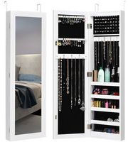 Costway - Wall Door Mounted Mirrored Jewelry Cabinet Organizer Storage w/LED Light - White - Large Front
