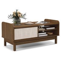 Costway Rectangular Coffee Table with Storage Weaving Sliding Door & Adjustable Shelf - Walnut - Large Front