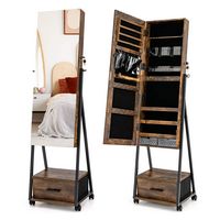 Costway - Jewelry Cabinet Armoire Full Length Mirror Lockable w/ Bottom Drawer & Wheels - Coffee - Large Front