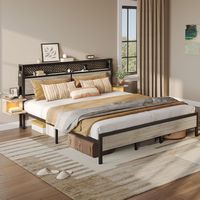 Bestier King Bed Frame Golden Stripe Headboard LED Nightstands Metal Platform No Box Spring - Grey - Large Front