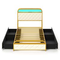 Costway Twin Size Bed Frame with LED Lights & Charging Station Storage Headboard & Drawers - Gold... - Large Front