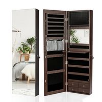 Costway - Mirror Jewelry Cabinet 96 LED Lights Wall Door Mounted Armoire w/ Makeup Rack - Brown - Large Front