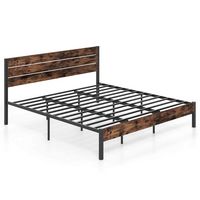 Costway King Bed Frame with Tall Industrial Headboard Heavy-Duty Metal Slats Support - Brown - Large Front