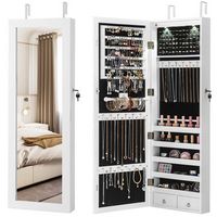 Costway - Mirror Jewelry Cabinet with Full Length Clear Mirror & Internal LED Lights Hooks - White - Large Front