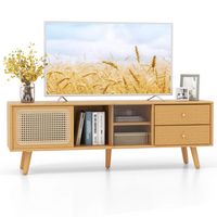 Costway - Bamboo TV Stand Console Table with PE Rattan  Door & 2 Drawers for TV up to 65'' Natura... - Large Front