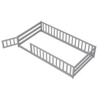 Costway Twin Size Floor Bed with Door & Fence with Safety Guardrails & Slats Support - Gray - Large Front