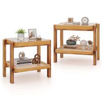 Costway 2 PCS End Table with Tempered Glass Top Acacia Wood Legs Rattan Storage Shelf - Brown - Large Front
