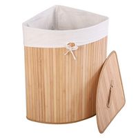 Costway - Corner Bamboo Hamper Laundry Basket Washing Cloth Bin Storage Bag Lid - Natural - Large Front