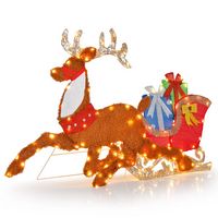 Costway - Lighted 2D Christmas Reindeer and Sleigh Decoration Pre-Lit Glittered Decoration - Brow... - Large Front