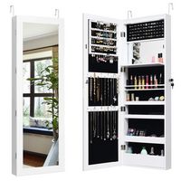 Costway - Wall Door Mounted Mirror Jewelry Cabinet Organizer LED Lights - White - Large Front