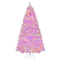 Costway - 7 FT Flocked Artificial Christmas Tree Hinged with 500 LED Lights 1200 Branch Tips - Pink - Large Front