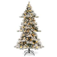 Costway - 7 FT Flocked Christmas Tree Hinged Xmas Decoration with 420 LED Lights & 1057 Tips - Gr... - Large Front