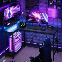 Bestier - L-Shaped Computer Desk with Power Outlets, Led Lights, and Monitor Stand - 52