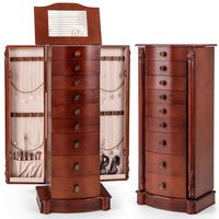 Costway - Wood Jewelry Cabinet Storage Chest Stand Organizer Necklace - Walnut - Large Front