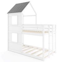 Costway House Bunk Bed Twin Over Twin with Built in Ladder Window & Safety Guardrail - White - Large Front