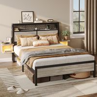 Bestier Full Bed Frame Golden Stripe Headboard LED Nightstands Metal Platform with Charging Stati... - Large Front