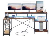 Bestier - L-Shaped Gaming Desk with Power Outlets, LED Lighting and Monitor Stand - Brown - Large Front