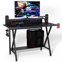 Costway - Gaming Desk All-In-One Professional Gamer Desk Cup Headphone Holder Power Strip - Black - Large Front