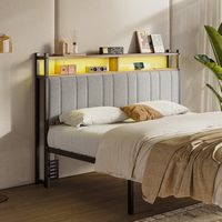 Pinmoco - Queen Size LED Linen Upholstered Storage Headboard with Charging Station - Gray - Gray - Left View