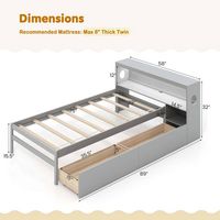 Costway Twin Size Bed Frame with LED Light & Power Outlet Bookcase Headboard Drawers - Gray - Left View