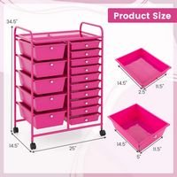Costway - 15 Drawer Rolling Storage Cart Mobile Cart with Colorful Drawers & Metal Frame - Hot Pink - Left View