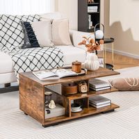 Costway Geometric Coffee Table w/ Storage Shelves 3-Tier Rectangular Tea Table - Rustic Brown - Left View