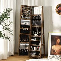 Costway - 360Degree Rotatable Jewelry Cabinet Armoire 2-in-1 Lockable Mirrored - Coffee - Left View
