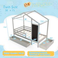Costway Twin House Bed with 2 Storage Drawers Solid Wood Platform Bed with Blackboard - Gray - Left View