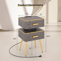 Costway 1 PCS Nightstand with Charging Station Bedside Sofa Side Tables with 2 Drawers - Grey + Gold - Left View