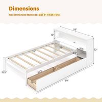 Costway Twin Size Bed Frame with LED Light & Power Outlet Bookcase Headboard Drawers - White - Left View