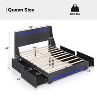 Costway Queen Size Bed Frame with LED Lights & Charging Station Upholstered Platform Bed - Gray - Left View
