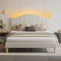Pinmoco - Queen Upholstered Platform Bed Frame with Adjustable LED Arc Headboard - Fabric Beige - Left View