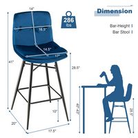 Costway Set of 2 Velvet Bar Stools Bar Height Kitchen Dining Chairs with Metal Legs - Blue - Left View