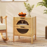 Costway 2 PCS Bamboo Nightstand with 2 Storage Drawers & Reeded Tempered Glass Fronts Bedroom - N... - Left View