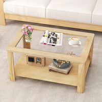 Costway 2-Tier Coffee Table with Tempered Glass Tabletop & Storage Shelf Rounded Corners - Natural - Left View