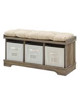 Walker Edison - Rustic Farmhouse Entryway Storage Bench with Totes - Grey Wash - Left View