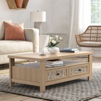 Costway Coffee Table with2 Drawers & Open Shelf Modern Rectangular Wood Living Room Table Natural... - Left View