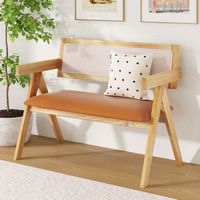 Costway - Rubber Wood Dining Bench w/Armrest Sherpa Upholstered Backrest Soft-padded Seat - Natur... - Left View
