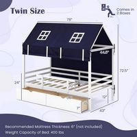 Costway Twin House Bed Solid Wood Playhouse Bed Low Loft Bed with Tent 2 Storage Drawers - White - Left View