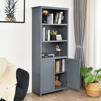 Costway - Bookcase Shelving Storage Wooden Cabinet Unit Standing Bookcase W/Doors - Gray - Left View