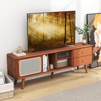 Costway Bamboo TV Stand Console Table with PE Rattan Door & 2 Drawers for TV up to 65