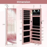 Costway - Mirrored Wall & Door Mounted Jewelry Cabinet Storage Organizer with Lights&Drawer - Pink - Left View