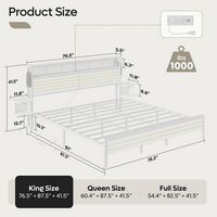 Bestier King Bed Frame Golden Stripe Headboard LED Nightstands Metal Platform No Box Spring - White - Left View
