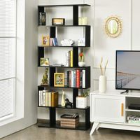 Costway - 6 Tier S-Shaped Bookshelf Storage Display Bookcase Decor Z-Shelf - Black - Left View