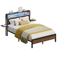 Bestier - Full Size Metal Platform Bed Frame with LED Storage Headboard and Charging Station - Brown - Left View