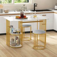 Costway 3 Piece Dining Table Set w/ 2 Stools 2-tier Storage Shelf Upholstered Seat - White and Gold - Left View