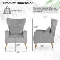 Costway - Velvet Upholstered Wingback Chair with Lumbar Pillow and Golden Metal Legs - Gray - Left View